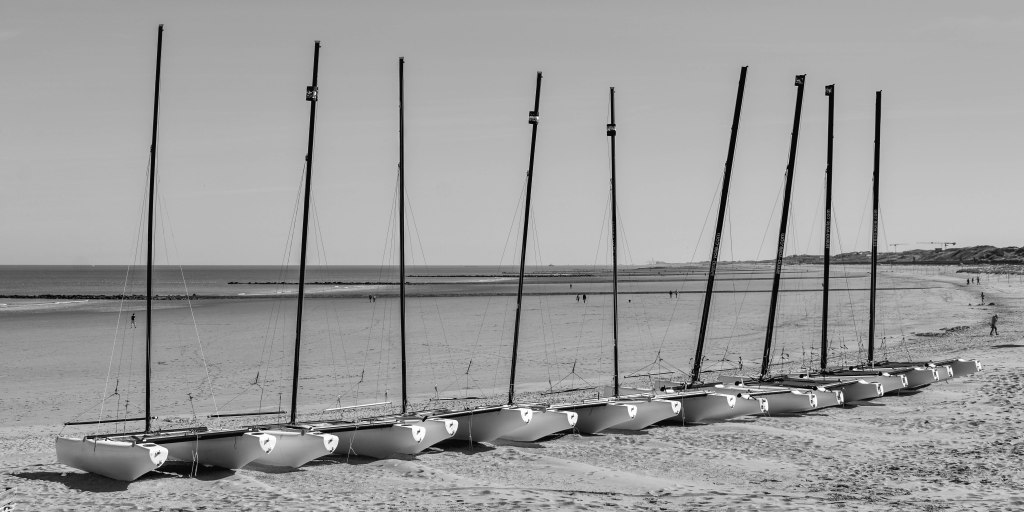 Row of small sailboats lined up on the beach, with masts repeating against the sea and sky.