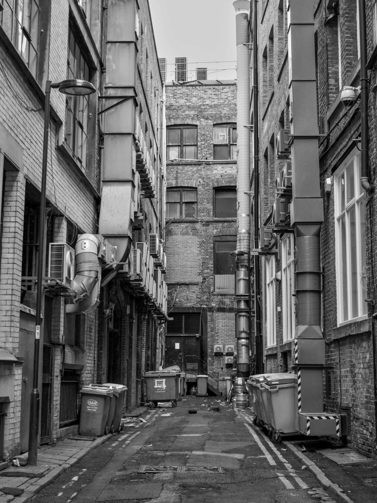 Narrow service alley between brick buildings, with bins, vents, pipes, and worn pavement.