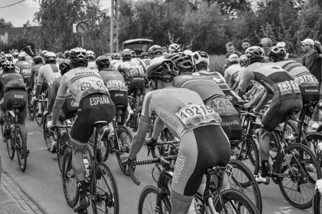 Rear view of a compact group of cyclists in the peloton, with national and team jerseys visible.