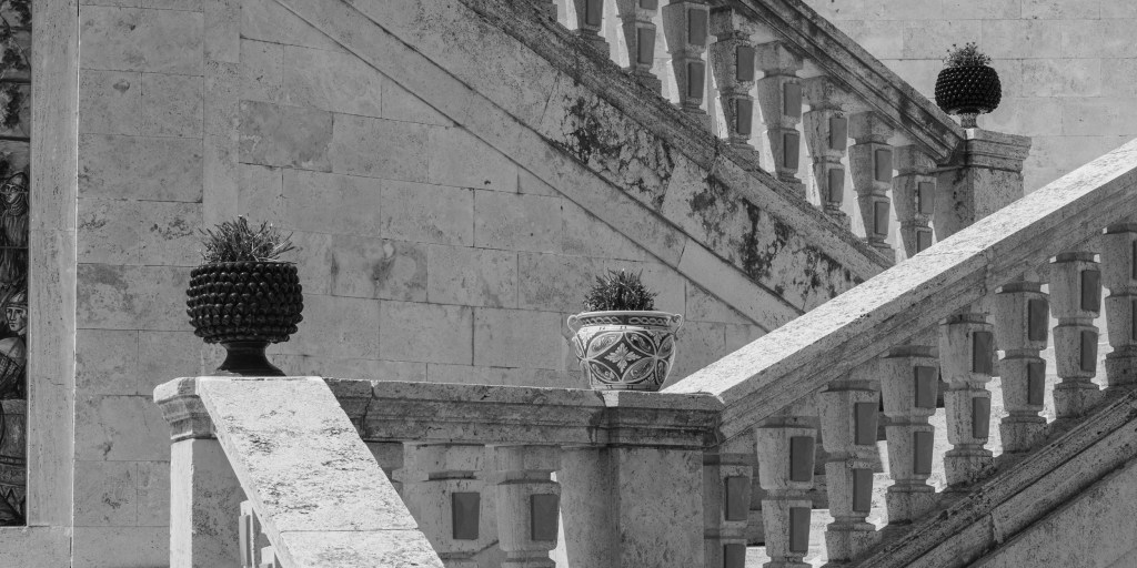 Stone stairways cross diagonally behind three decorative ceramic planters containing small plants.