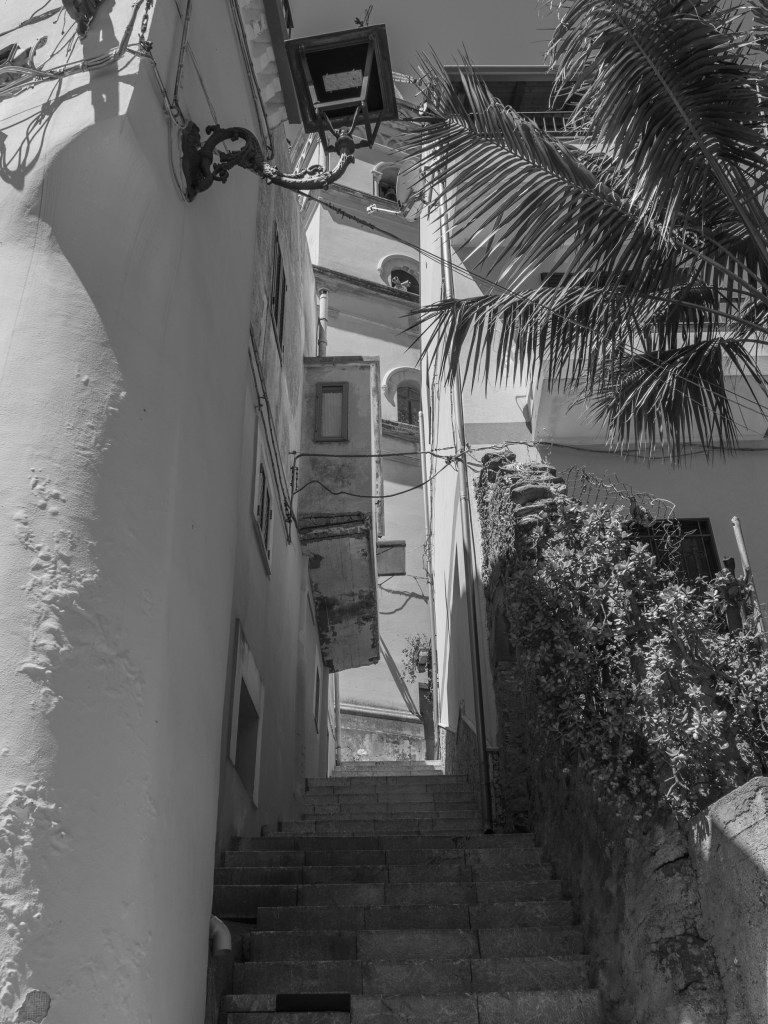 A steep staircase rises between narrow buildings, framed by a streetlamp, palm fronds and overhead cables.