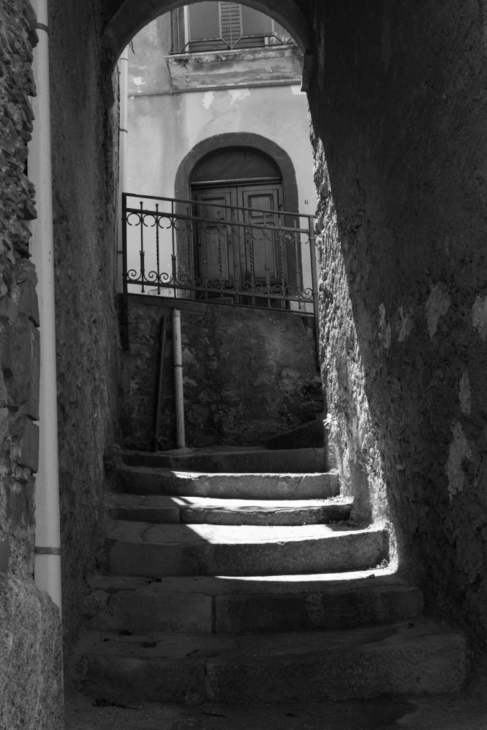 Curving stone steps rise through a shadowed arch towards a closed door and iron railing.