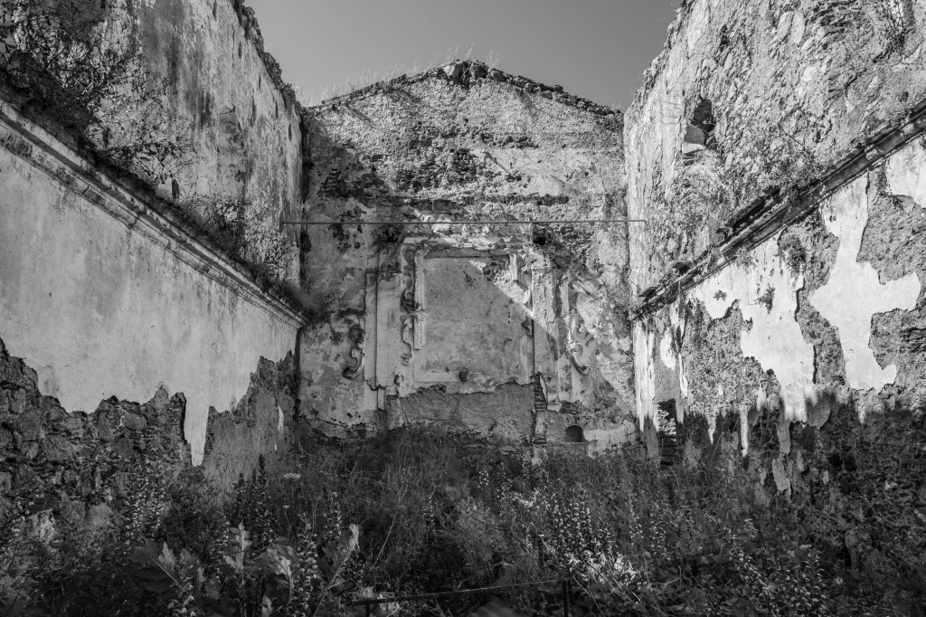 Roofless ruined interior with peeling plaster, exposed stone, fragments of ornament, and dense vegetation.