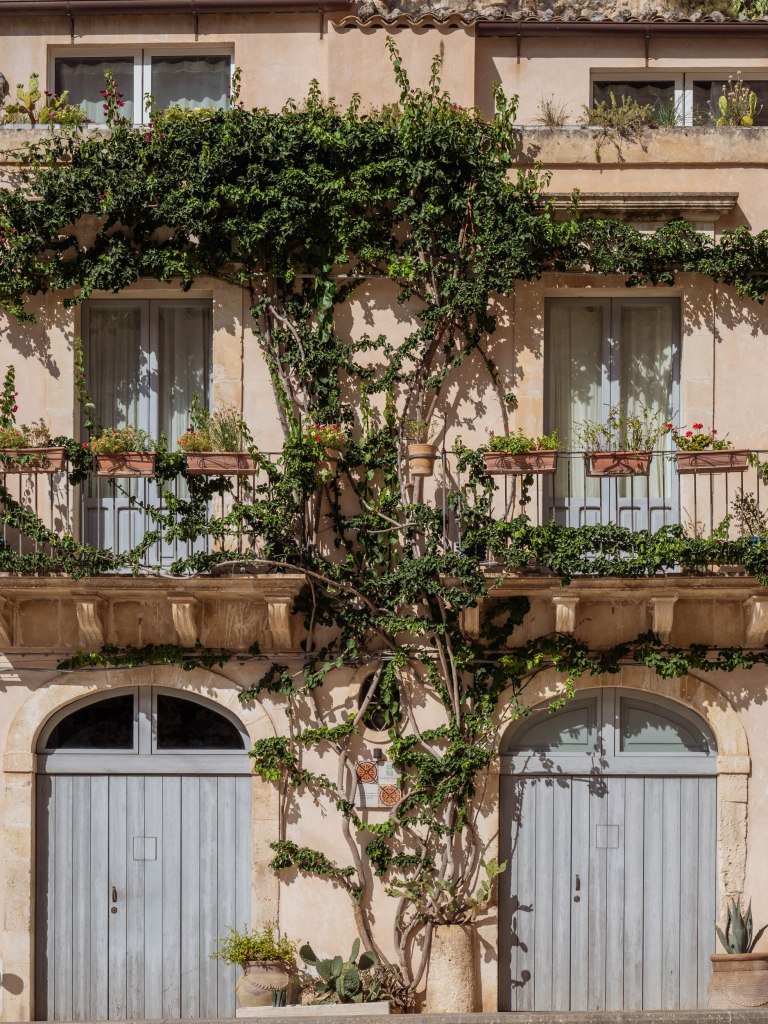 Symmetrical pale façade covered by climbing vines, balcony plants, shuttered windows, and two large arched doors.